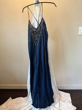 Navy Embroidered Silk nightgown